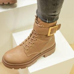 Synthetic leather boots with laces and zipper on the side, colour tan